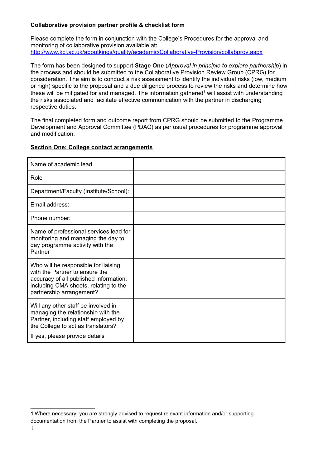 Collaborative Provision Partner Profile & Checklist Form