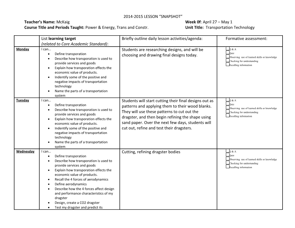 2014-2015 Lesson Snapshot