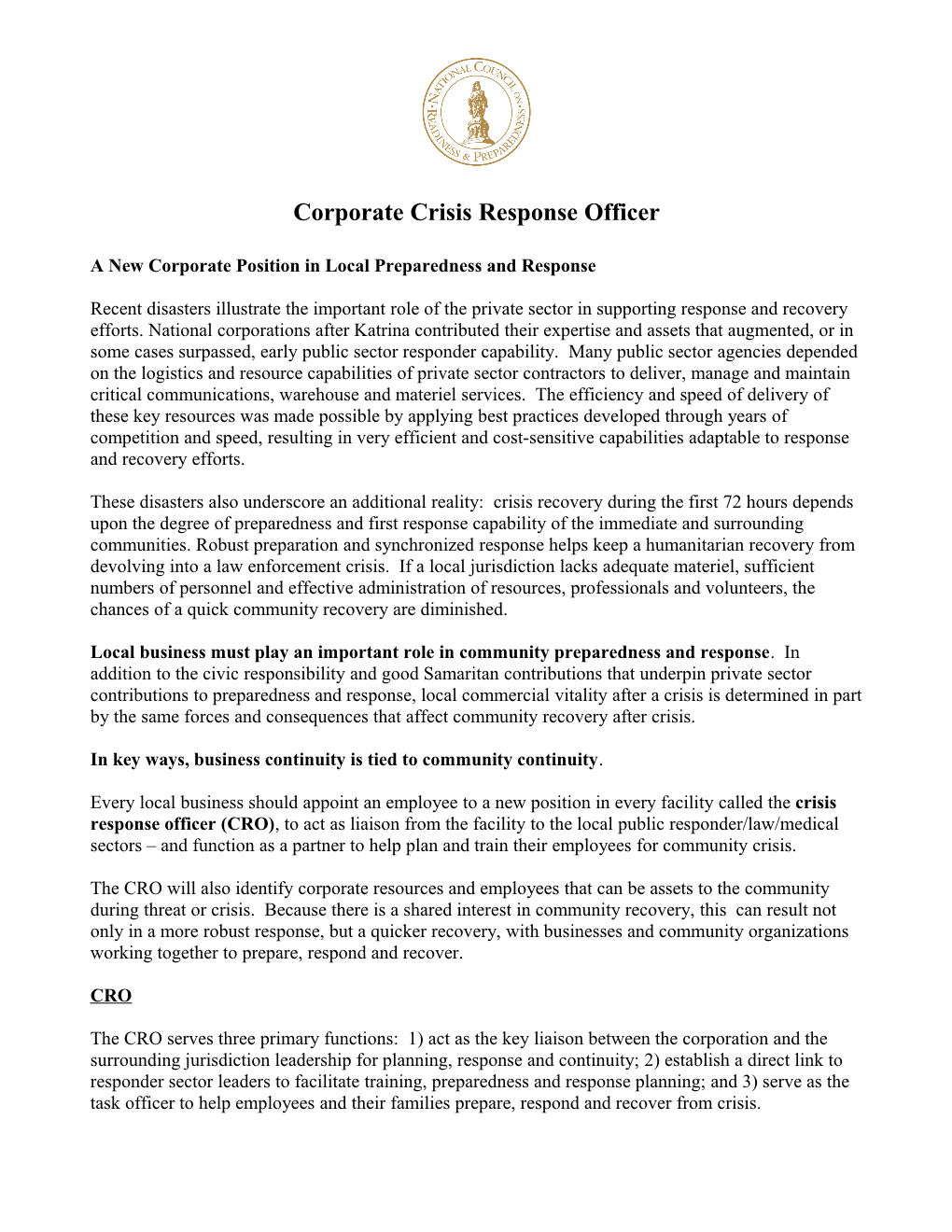 Corporate Crisis Response Officer