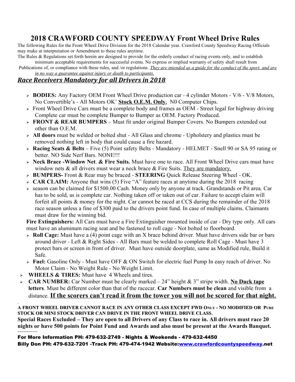 2018 CRAWFORD COUNTY SPEEDWAY Front Wheel Drive Rules