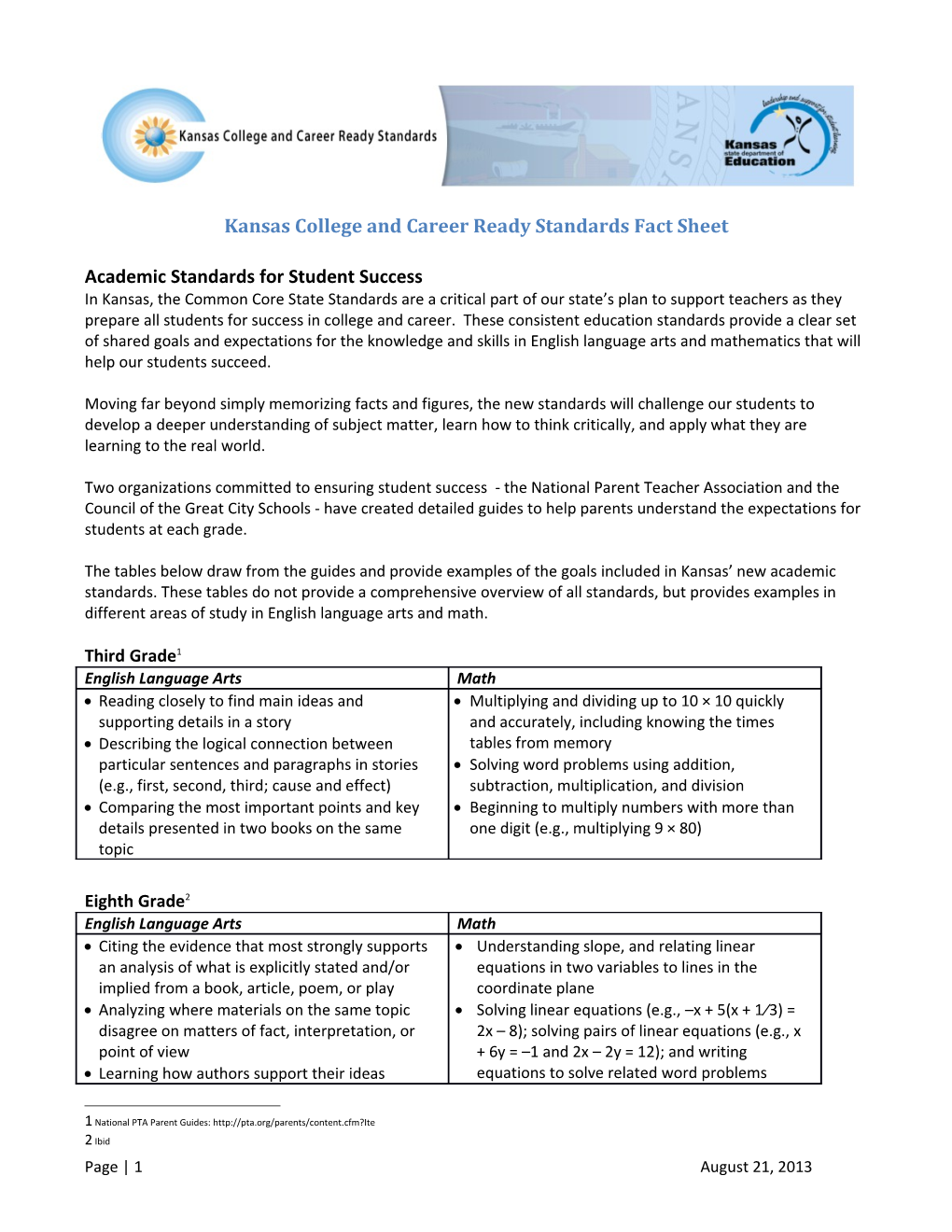 Kansas College and Career Ready Standards Fact Sheet