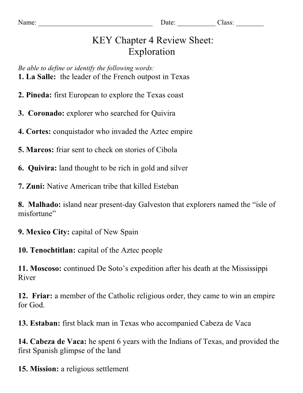 KEY Chapter 4 Review Sheet