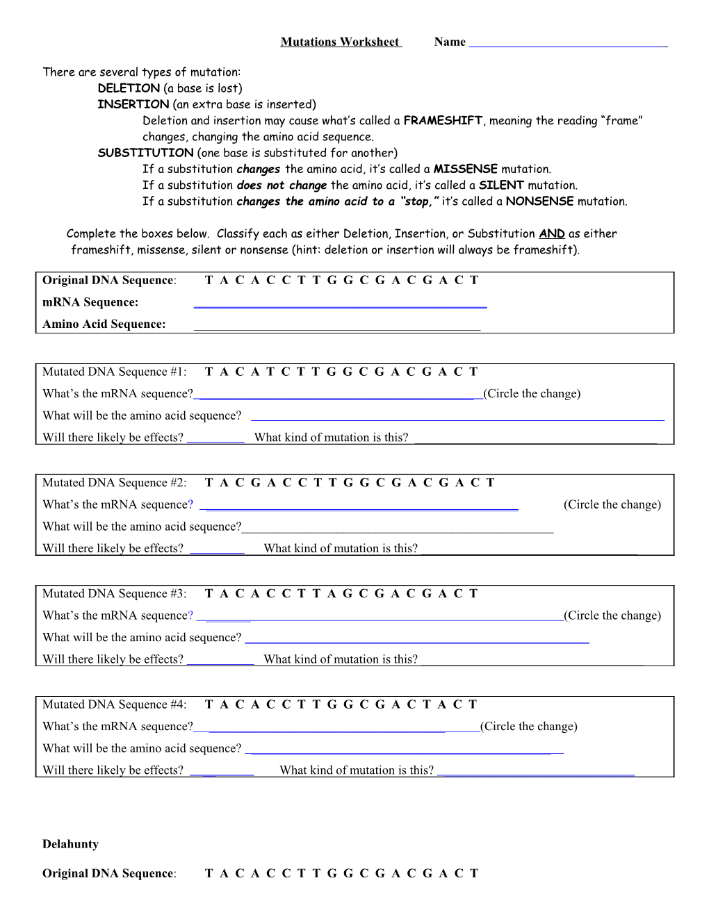 Mutations Worksheet Name