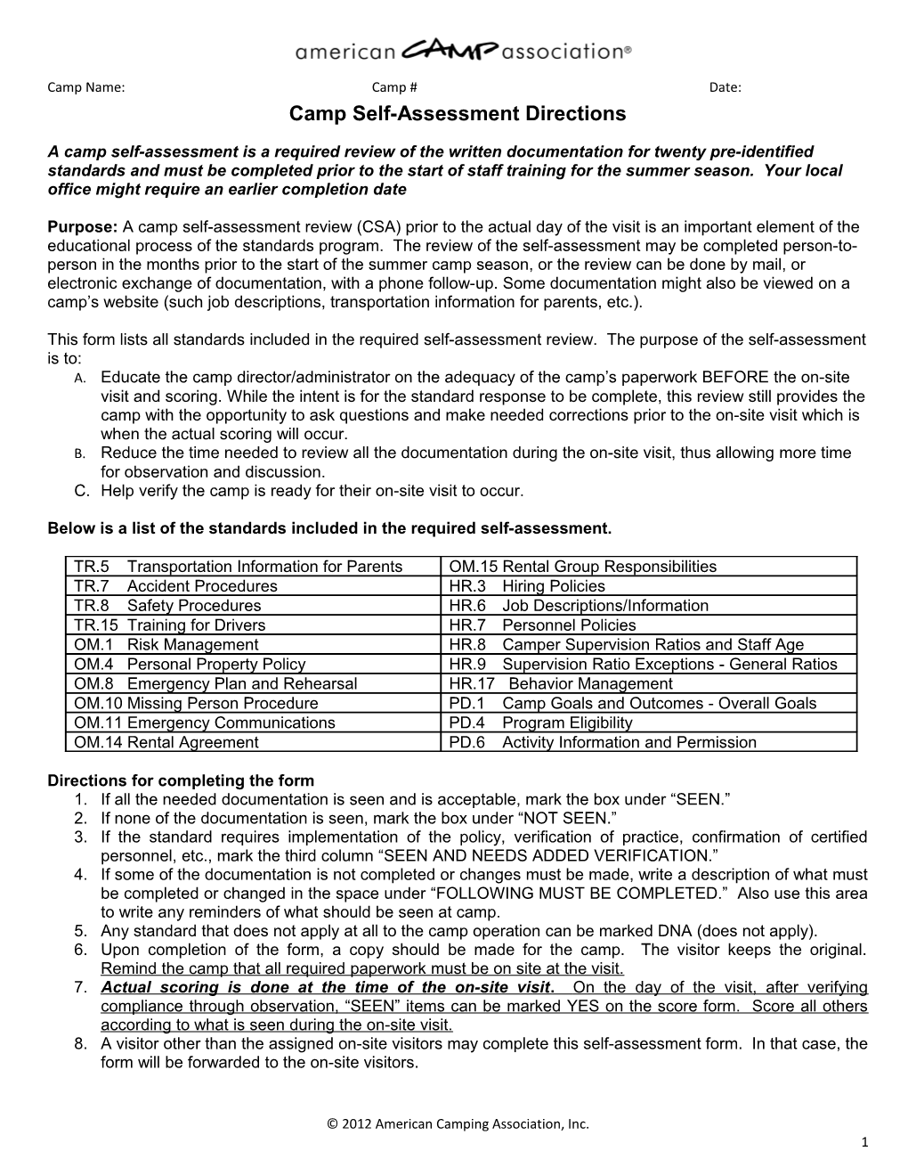 Camp Self-Assessment Directions