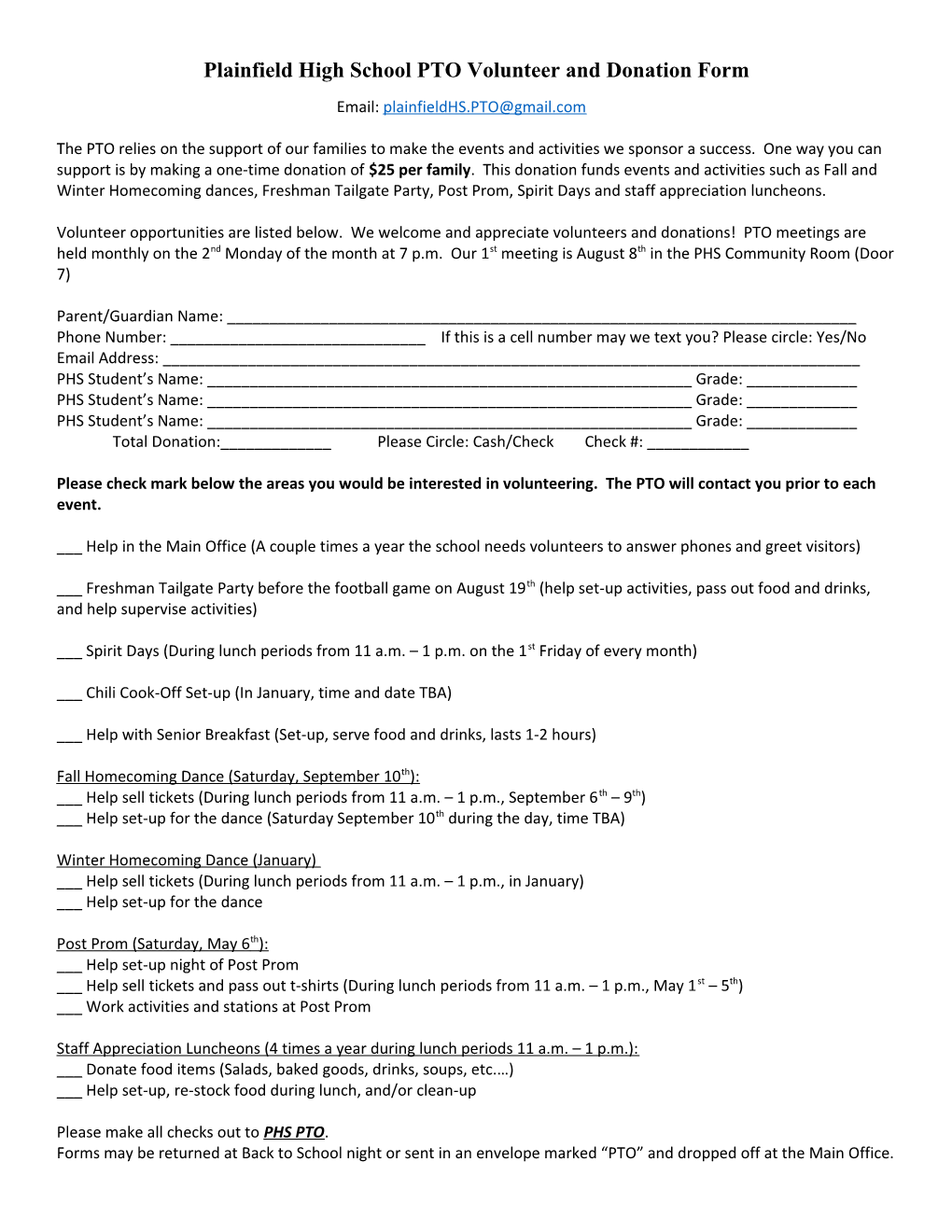 Plainfield High School PTO Volunteerand Donation Form