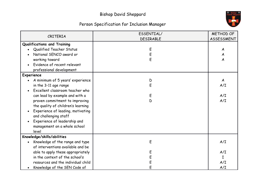 Person Specification for Inclusion Manager