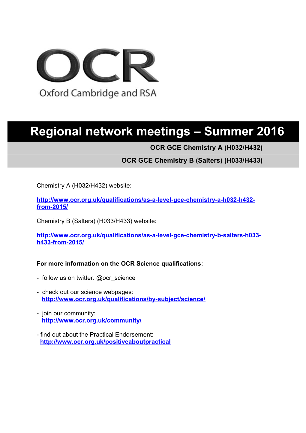 Regional Network Meetings Summer 2016