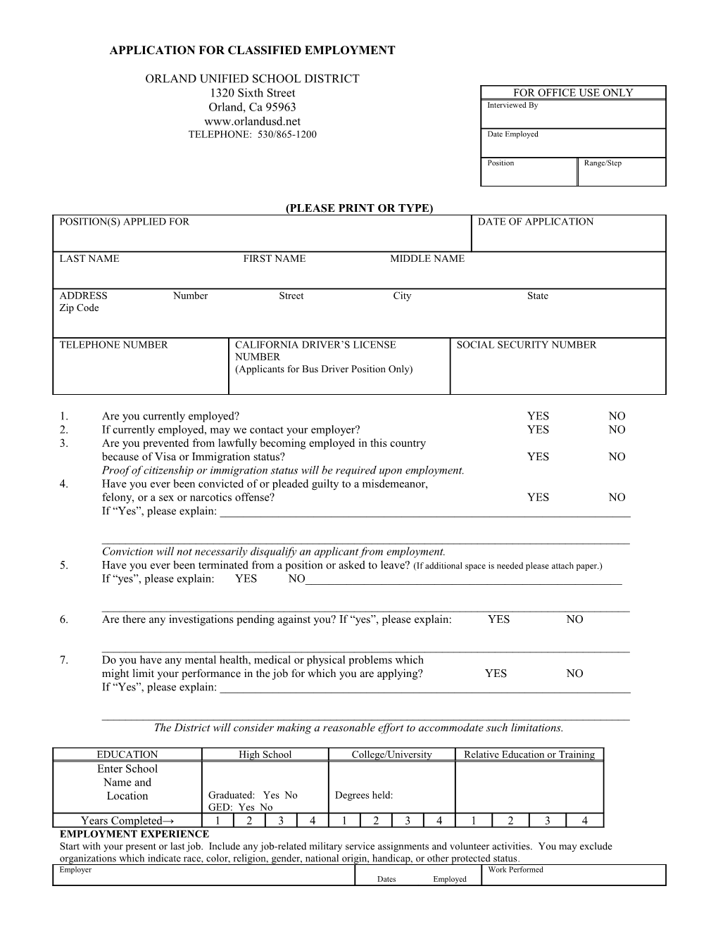 Application for Classified Employment