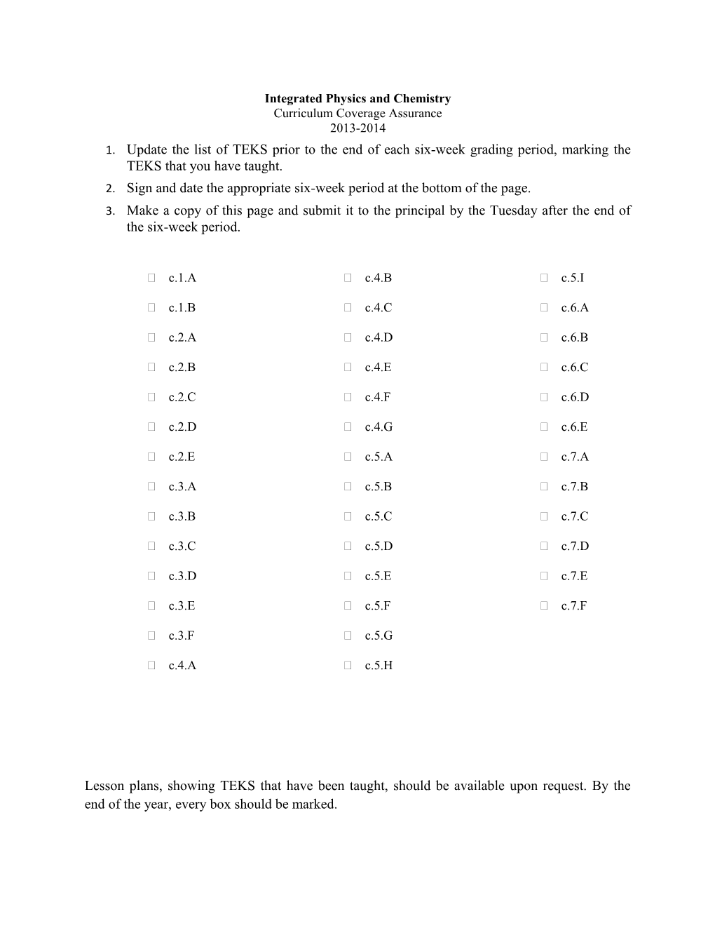 Integrated Physics and Chemistry Curriculum Coverage Assurance 2013-2014