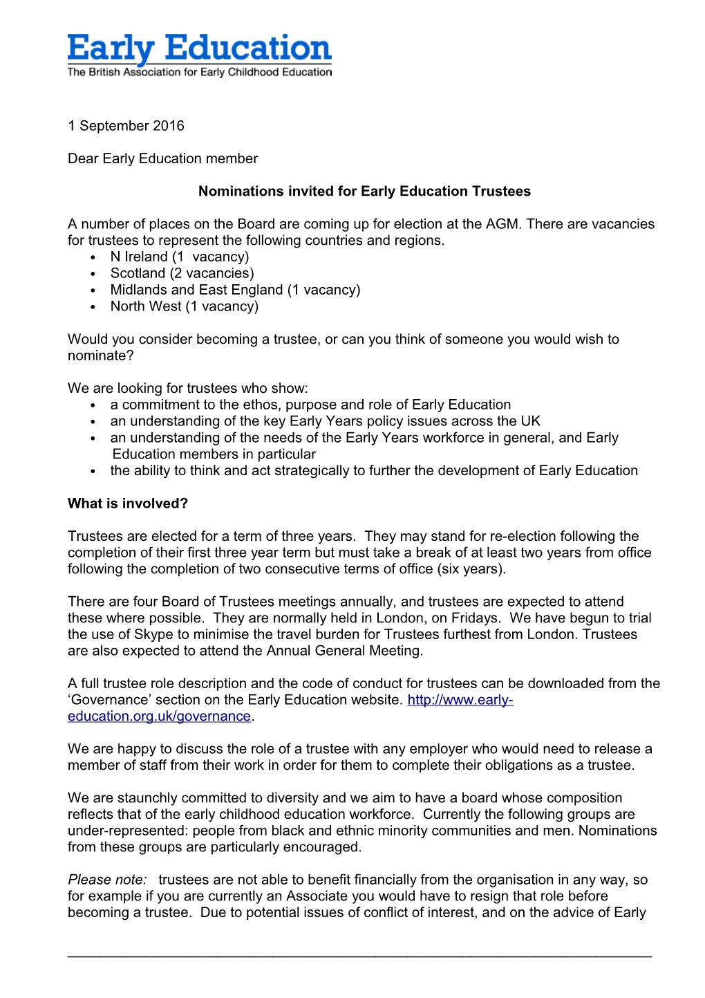 Nominations Invited for Early Education Trustees