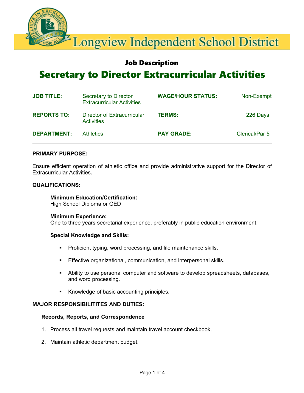 Secretary to Director Extracurricular Activities