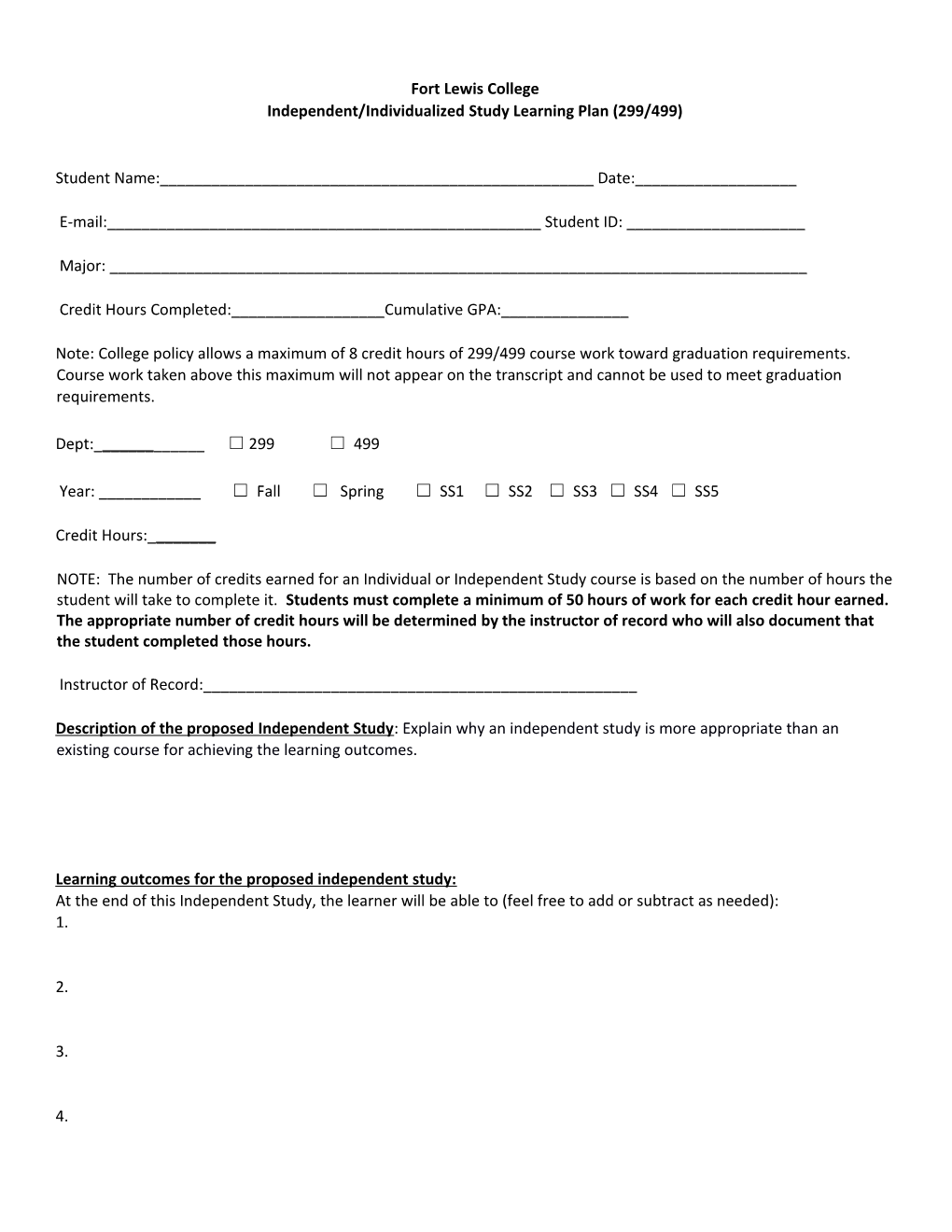 Independent/Individualized Study Learning Plan (299/499)