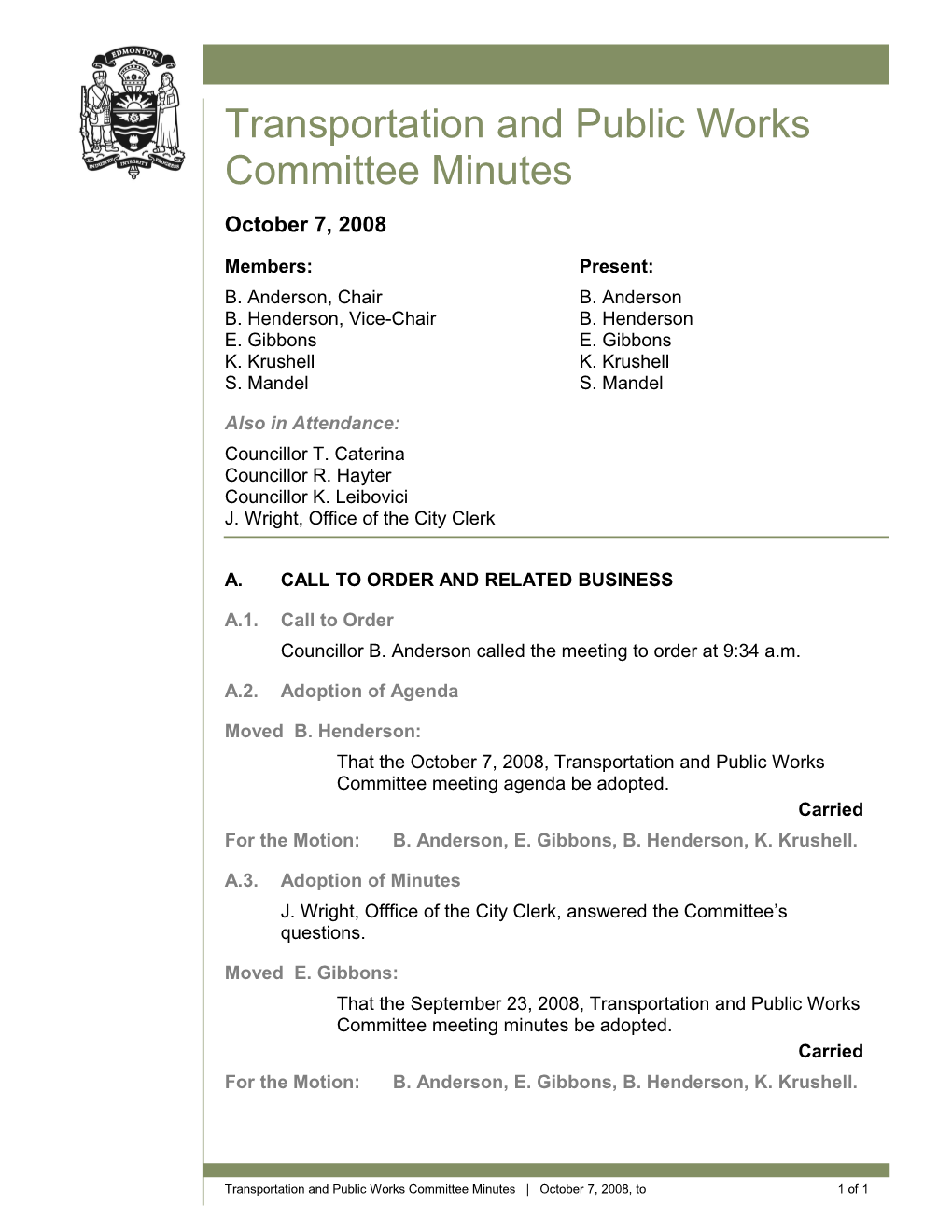 Minutes for Transportation and Public Works Committee October 7, 2008 Meeting