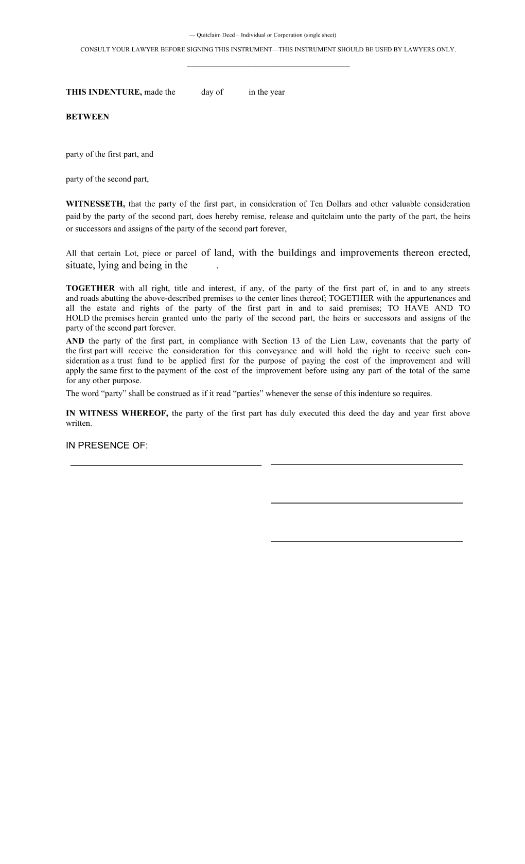 Quitclaim Deed Individual Or Corporation (Single Sheet) s1