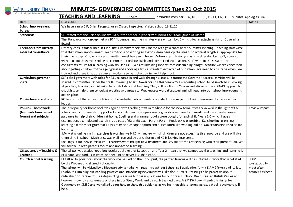 TEACHING and LEARNING 3.15Pm Committee Member SW, KC, ET, CC, RB, LT, CG, KH Minutes Apologies