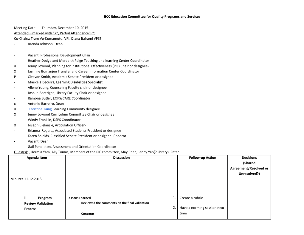 BCC Education Committee for Quality Programs and Services