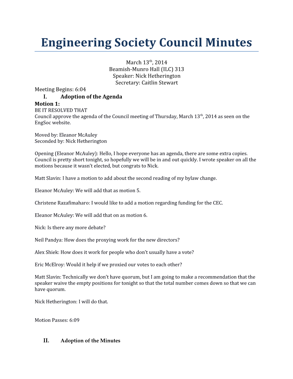 Engineering Society Council Minutes