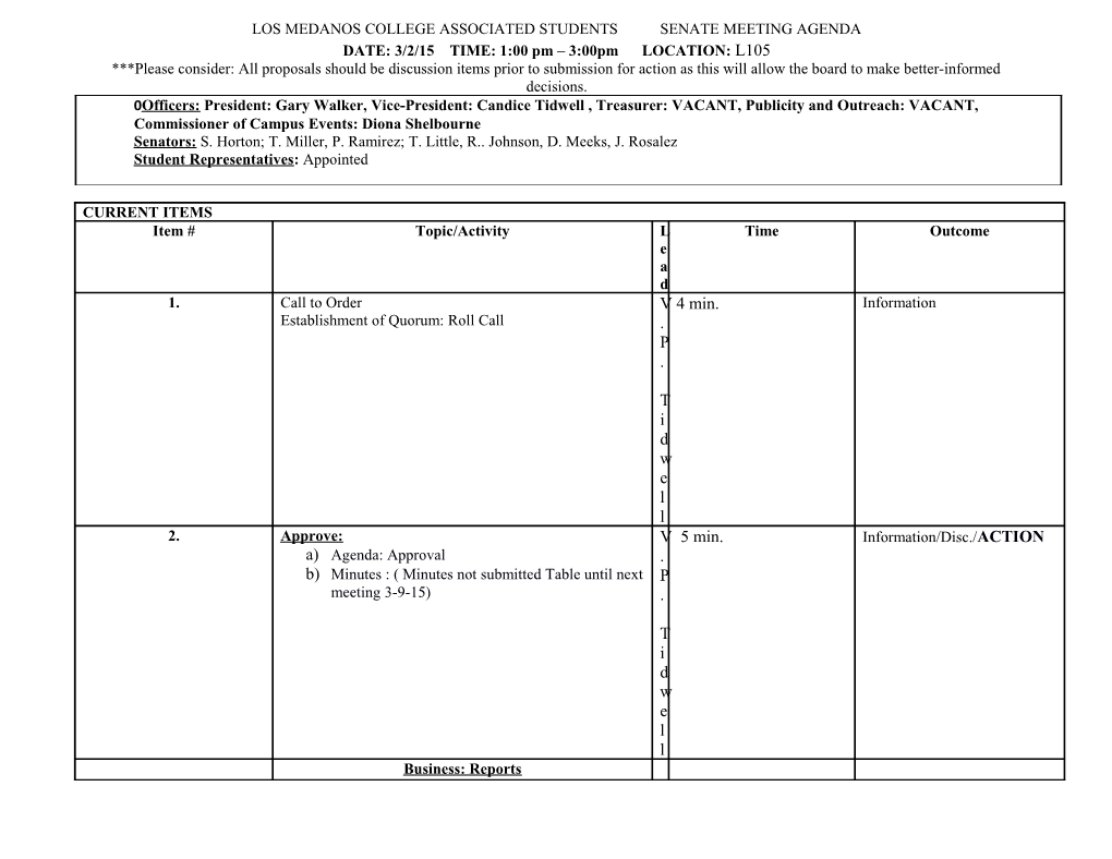 Los Medanos College Associated Students Senate Meeting Agenda