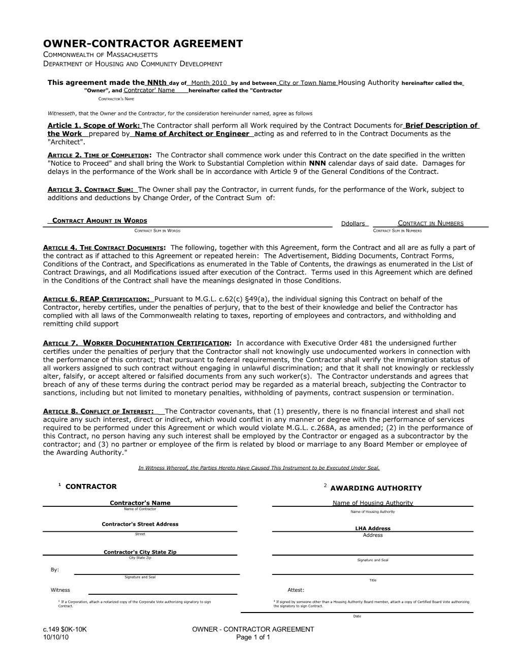 Owner-Contractor Agreement