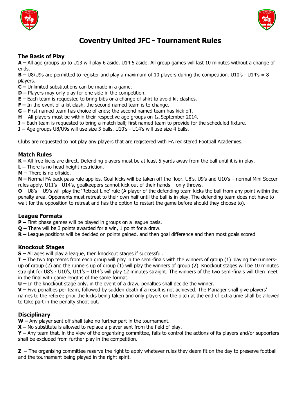 Coventry United JFC - Tournament Rules