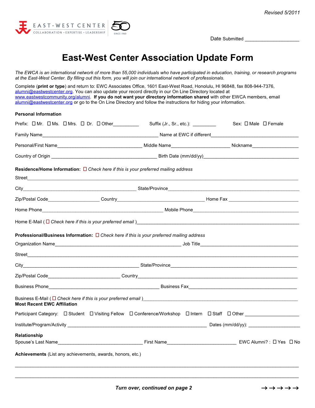East-Westcenter Association Update Form