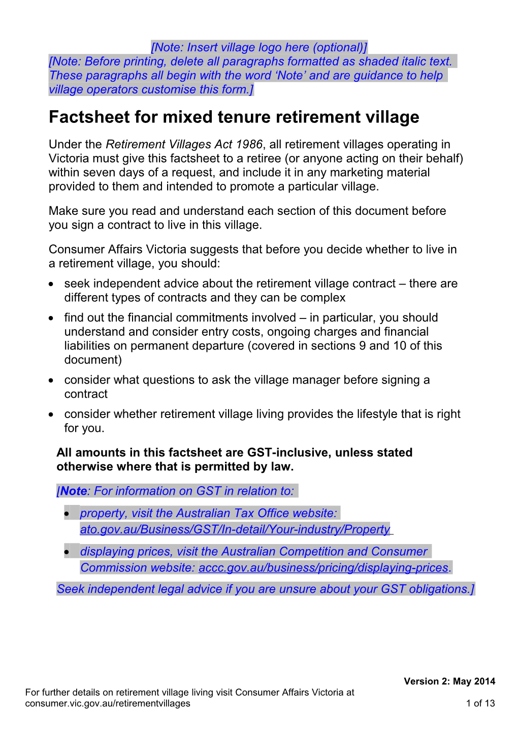 Factsheet for Mixed Tenure Retirement Village