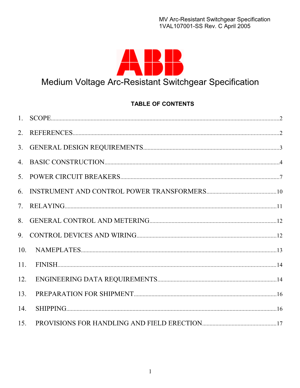 MV Arc-Resistant Switchgear Specification