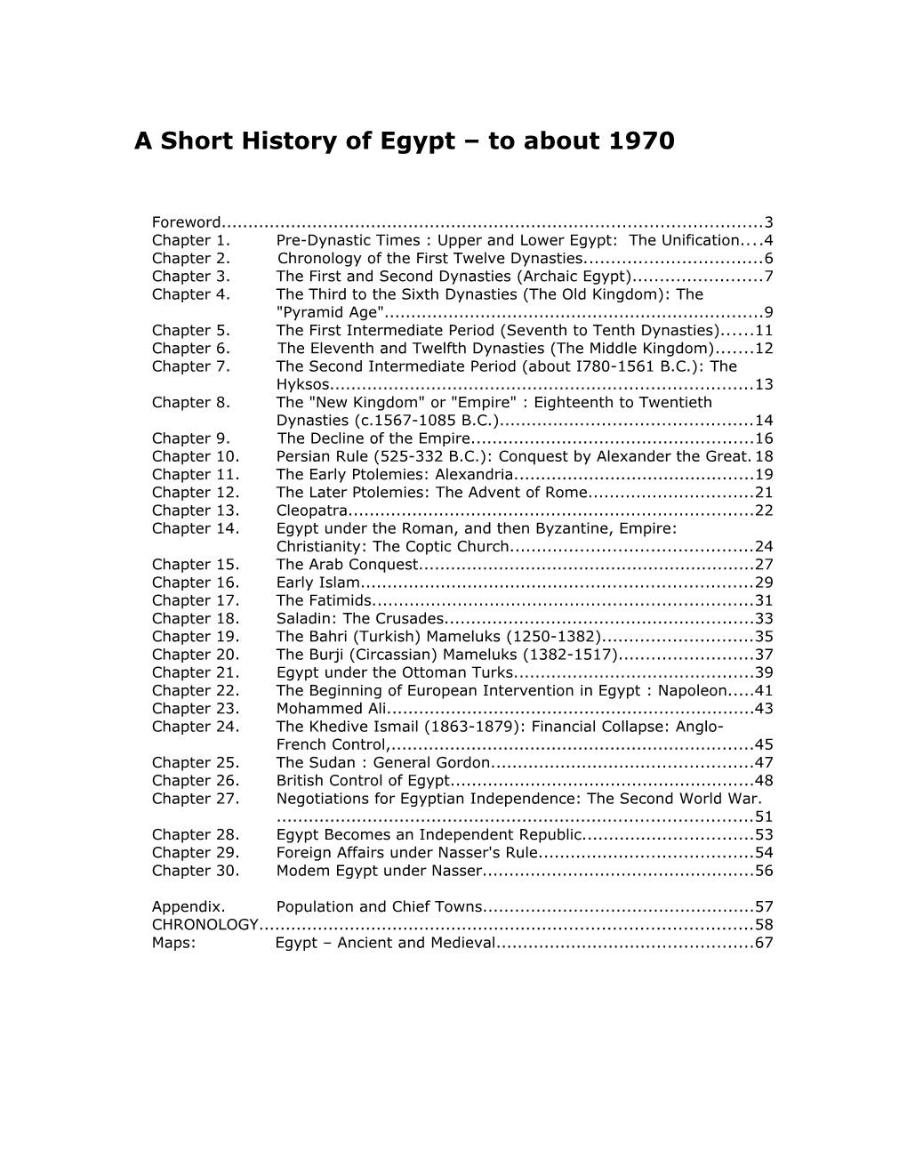 A Short History of Egypt to About 1970