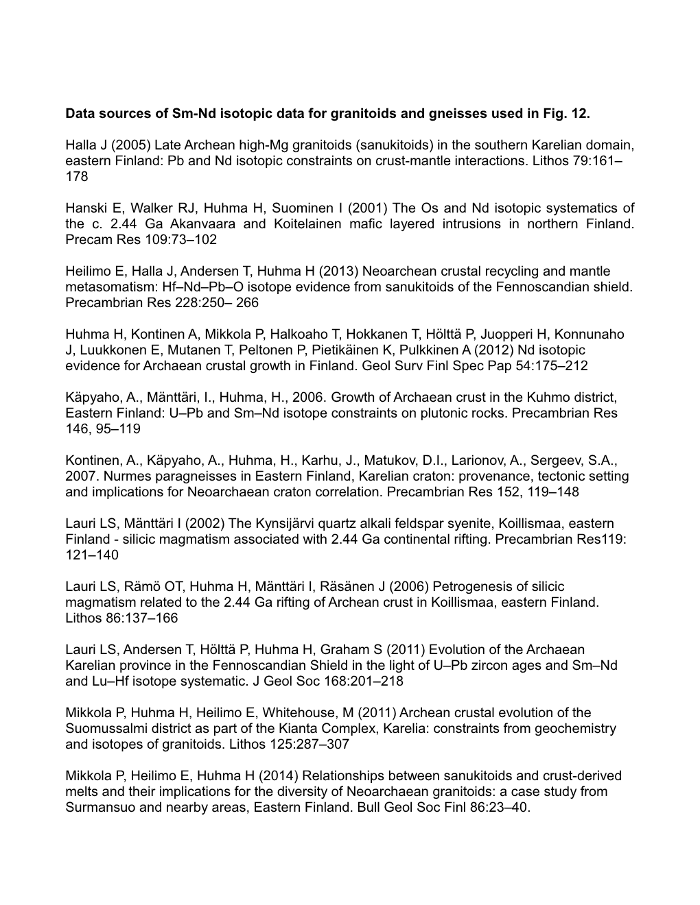 Data Sources of Sm-Nd Isotopic Data for Granitoids and Gneisses Used in Fig. 12