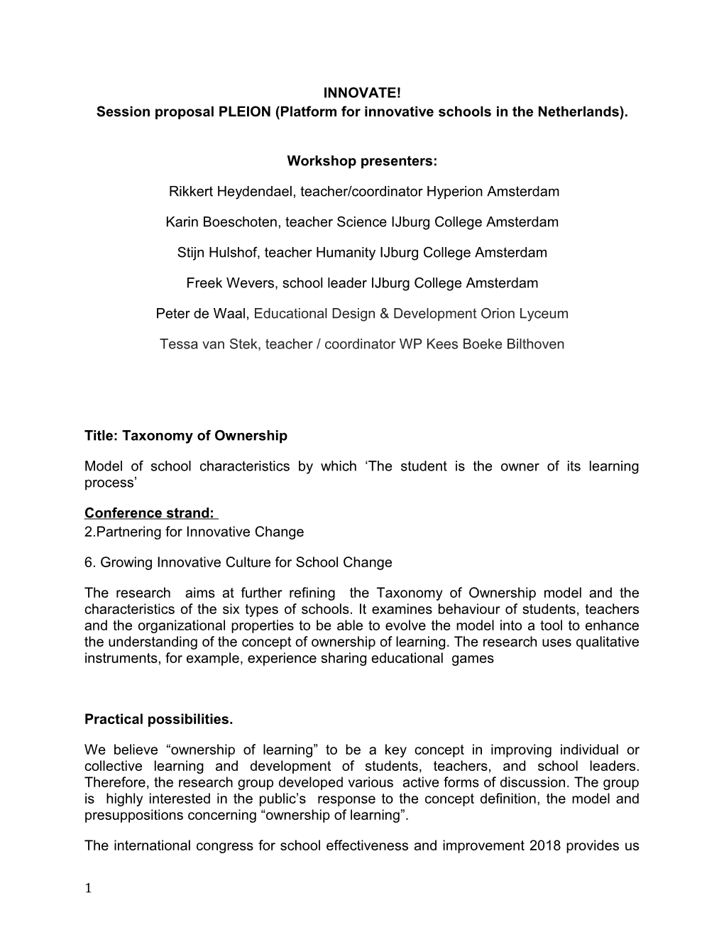 Session Proposal PLEION (Platform for Innovative Schools in the Netherlands)