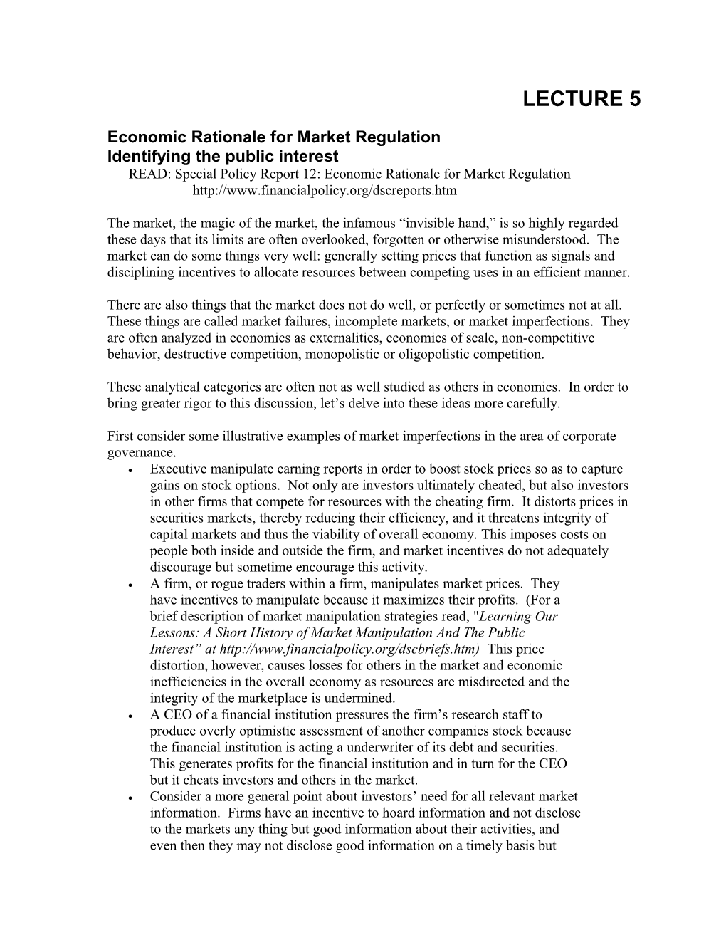 Economic Rationale for Market Regulation