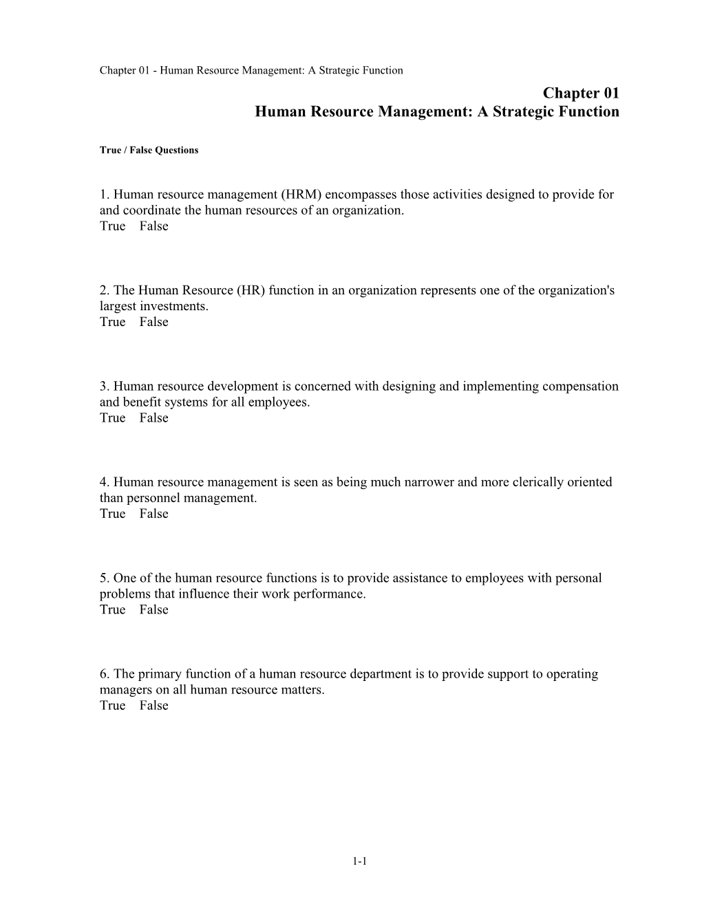 Chapter 01 Human Resource Management: a Strategic Function