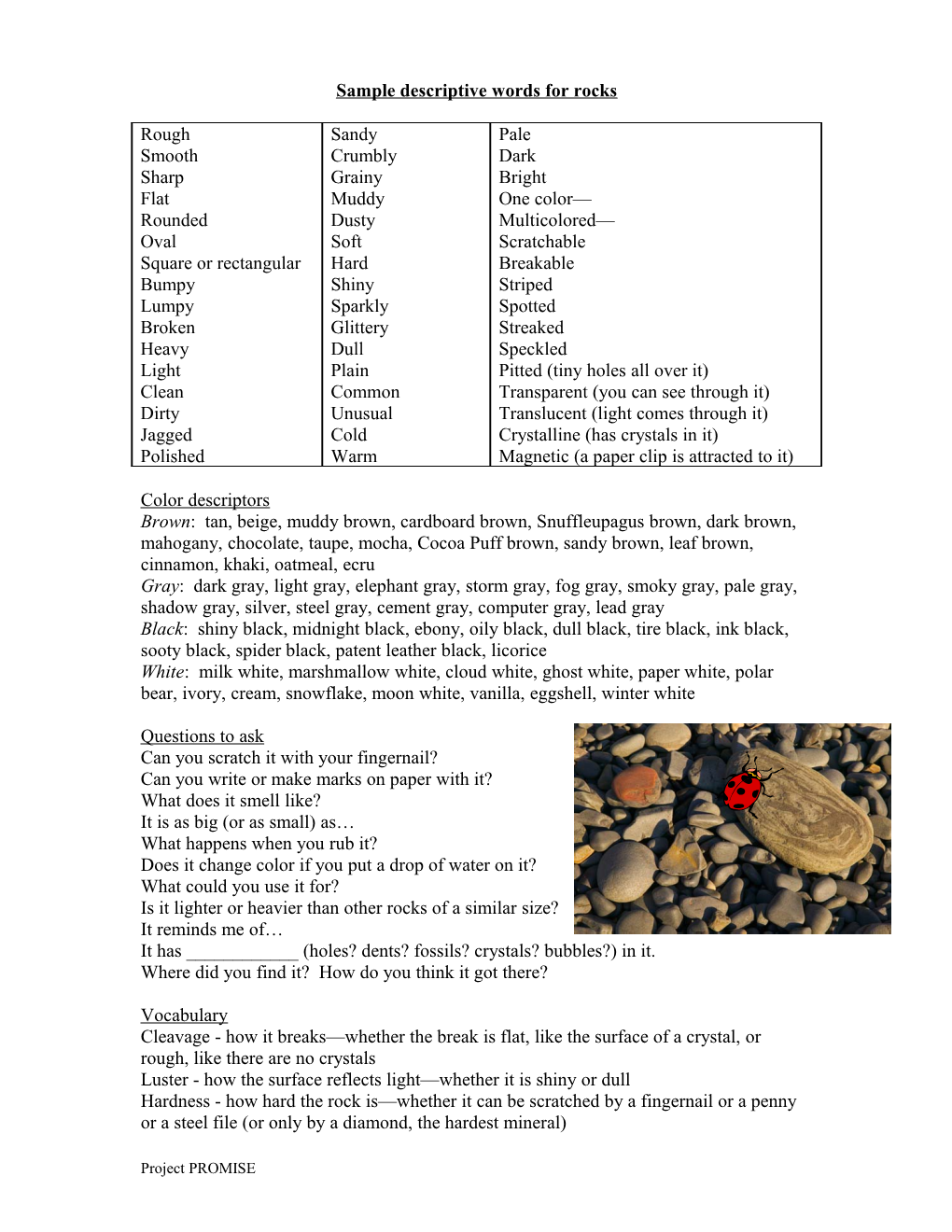 Sample Descriptive Words for Rocks