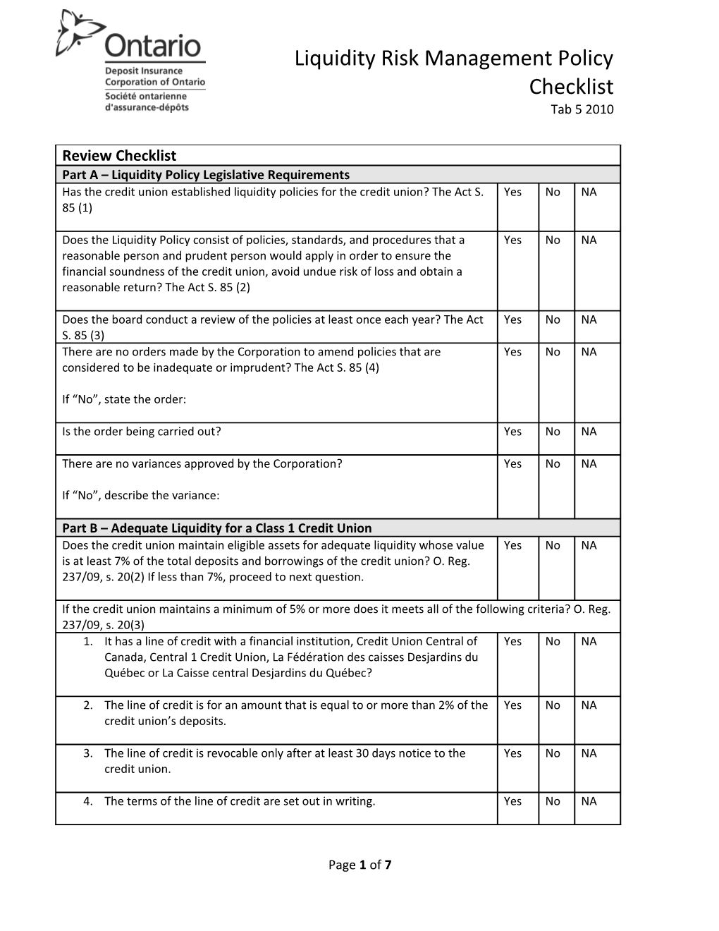 Credit Management Policy Checklist