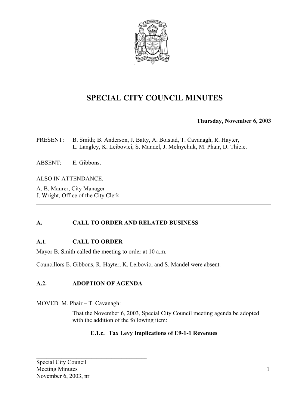 Minutes for City Council November 6, 2003 Meeting