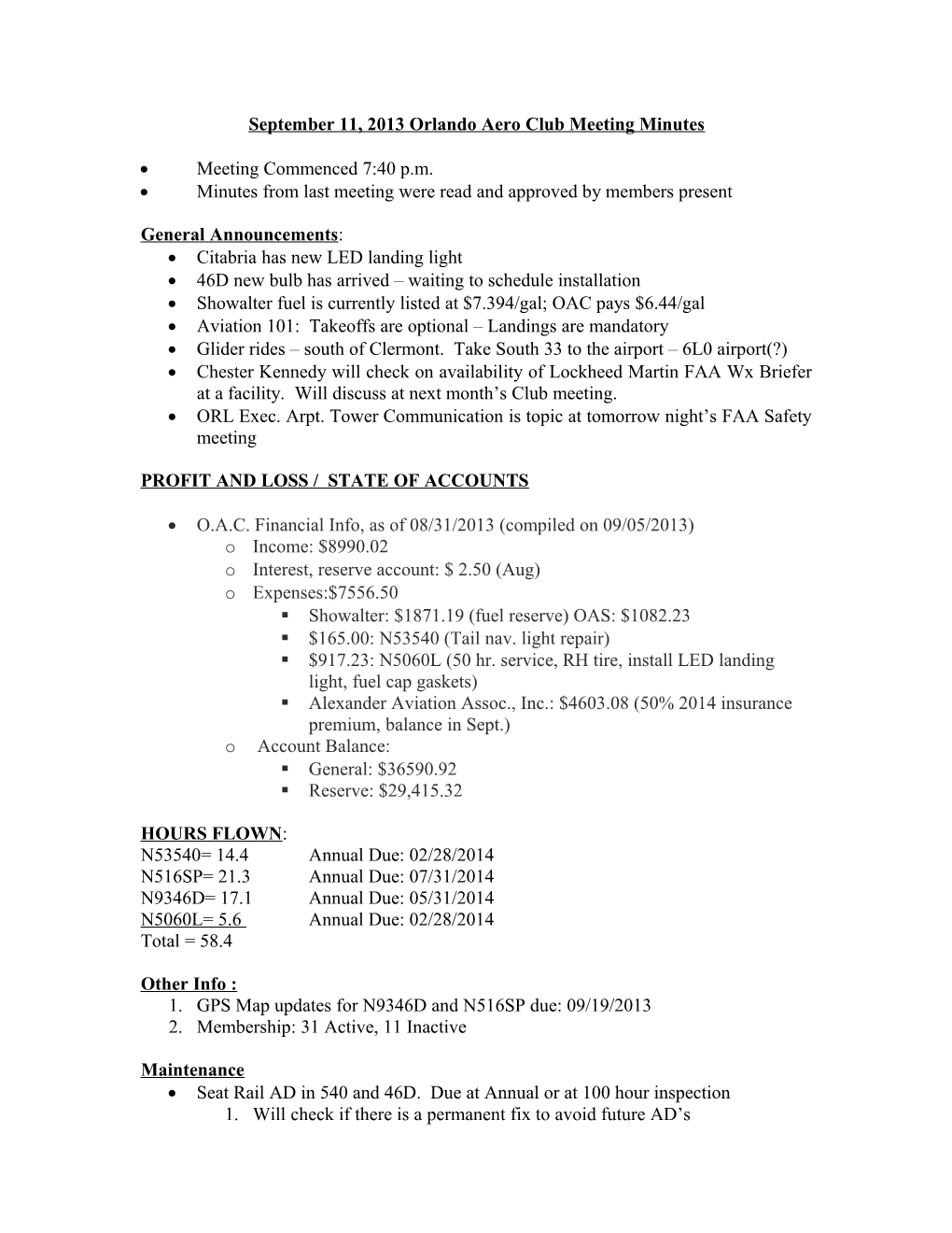 June 12, 2013 Orlando Aero Club Meeting Minutes