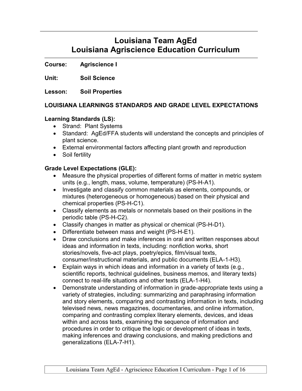 Louisiana Agriscience Education Curriculum