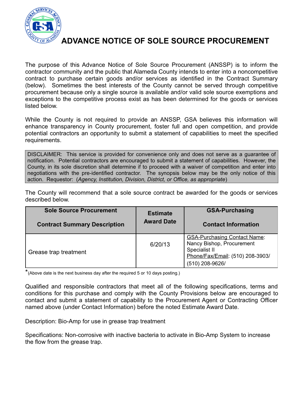 Advance Notice of Sole Source Procurement s7