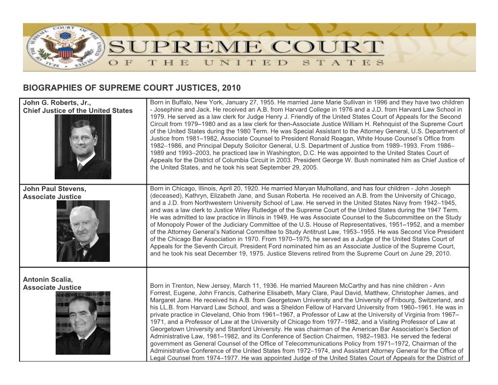 Biographies of Supreme Court Justices, 2010