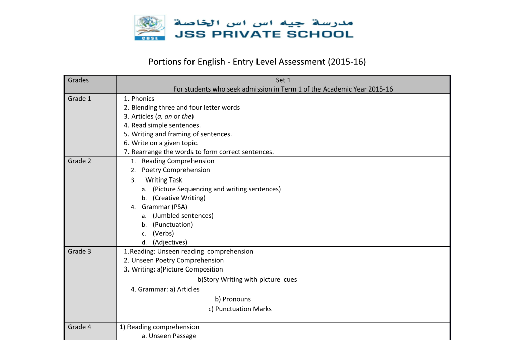 Portions for English - Entry Level Assessment (2015-16)