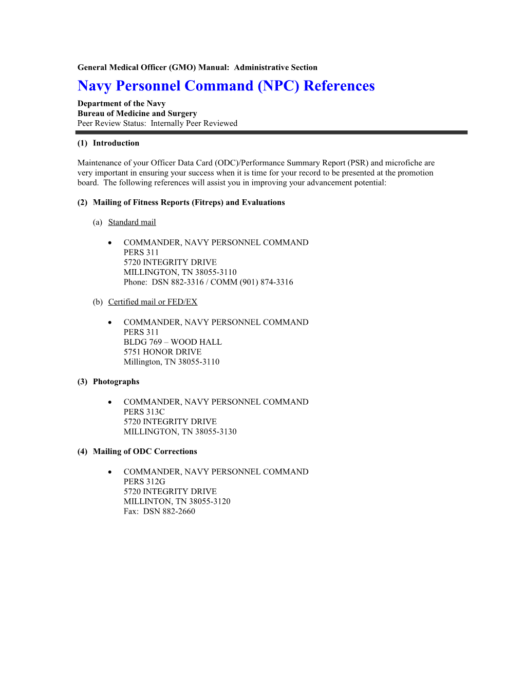 General Medical Officer (GMO) Manual: Navy Personnel Command (NPC) References