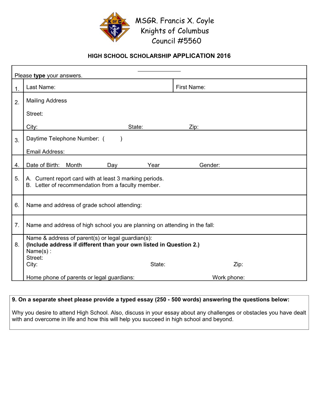 Scholarship Application Template 2003