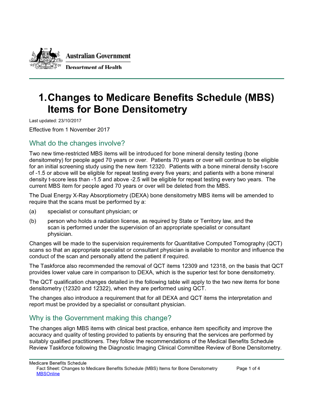 Changes to Medicare Benefits Schedule (MBS) Items for Bone Densitometry
