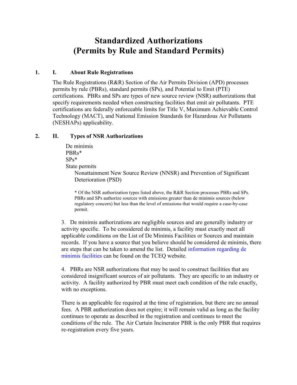 Standardized Authorizations (Permits by Rule, Standard Permits, Etc.)