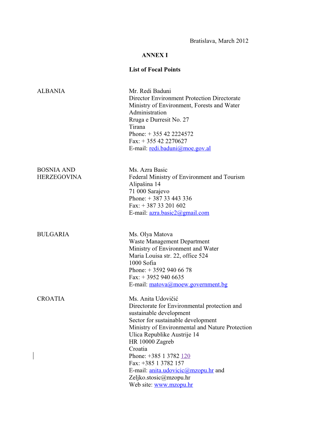 Annex One Names and Addresses of Focal Points of Member Countries