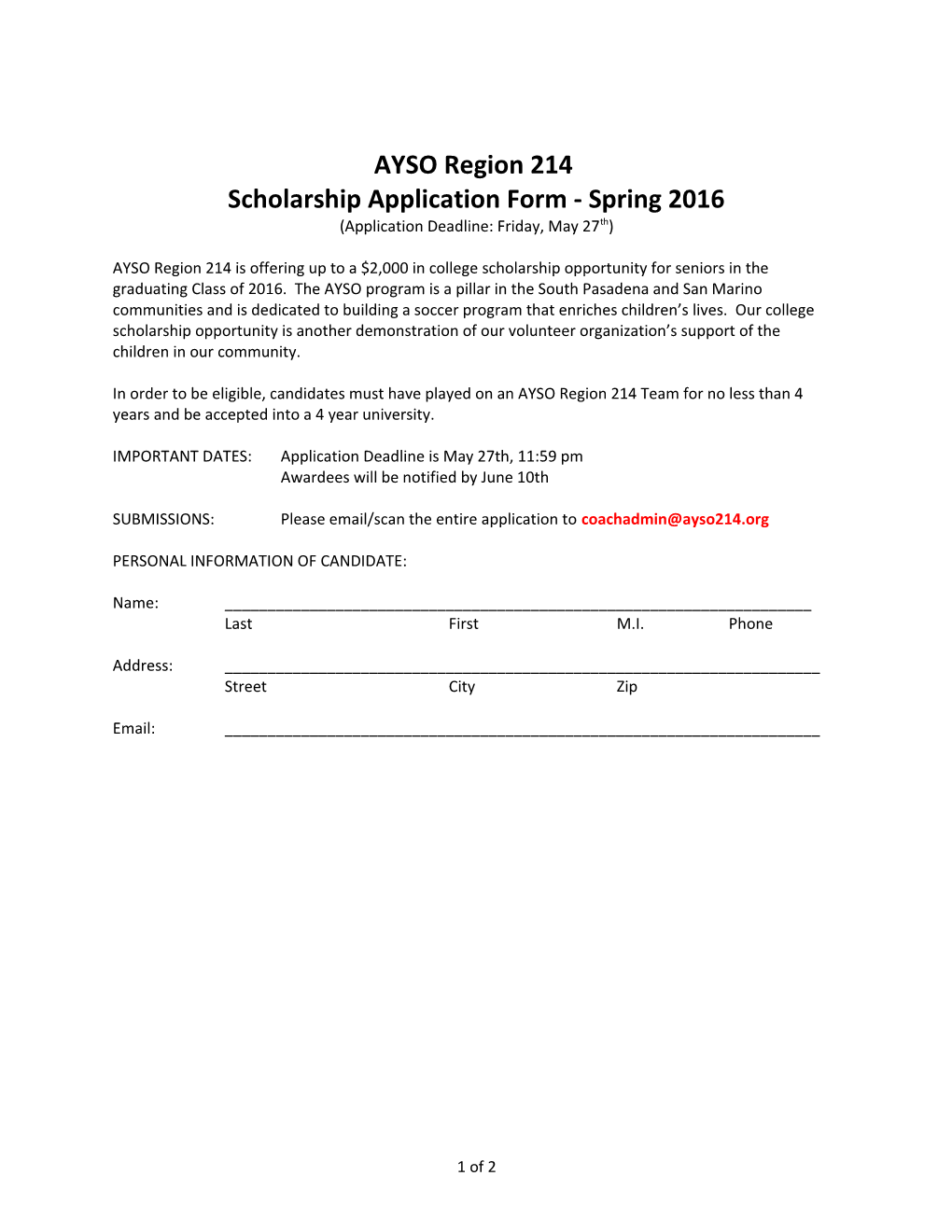 Scholarship Application Form - Spring 2016