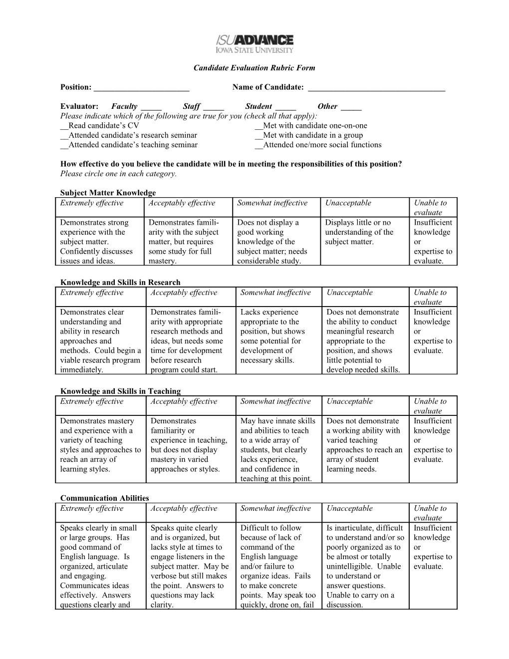 Candidate Evaluation Rubric Form