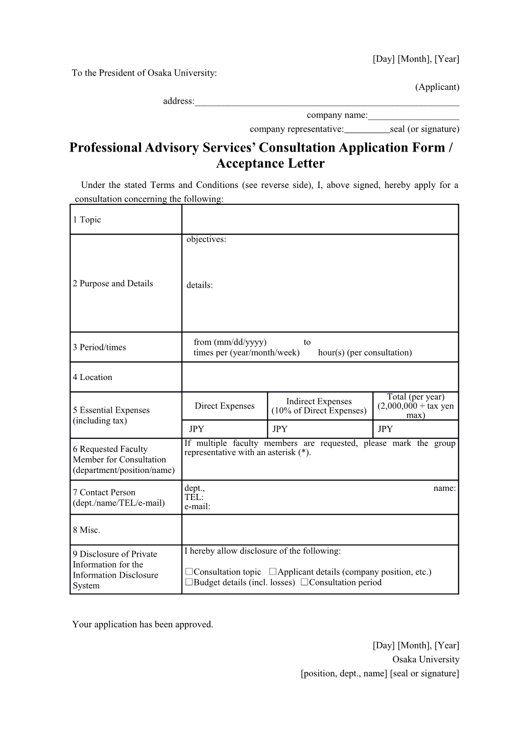 Professional Advisory Services Consultation Application Form / Acceptance Letter