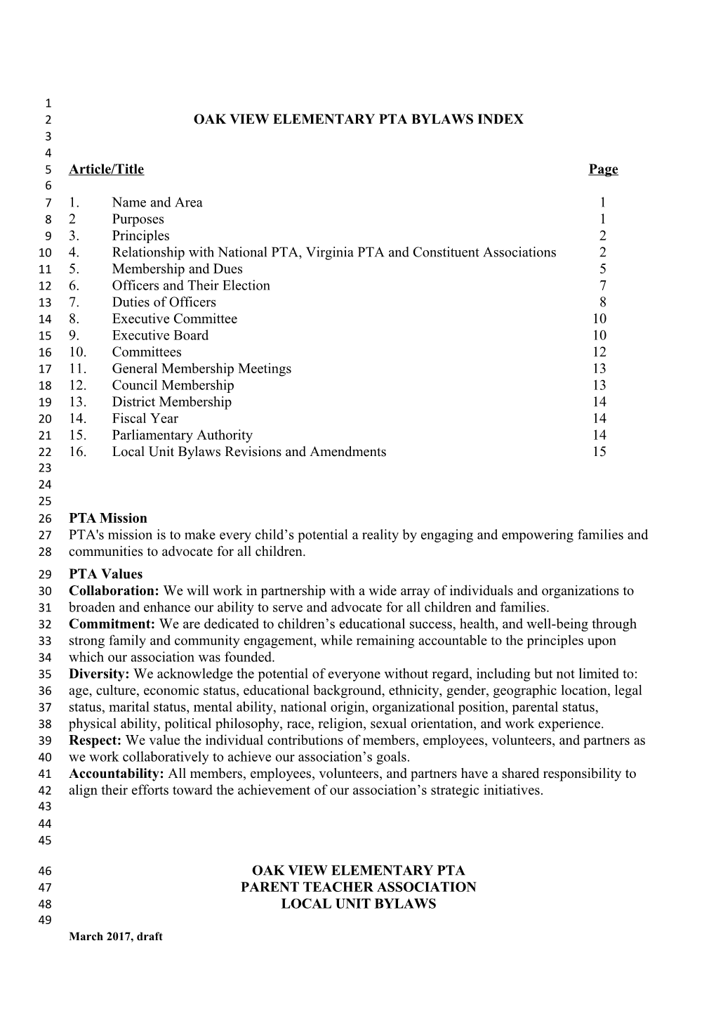 Oak View Elementary Pta Bylaws Index