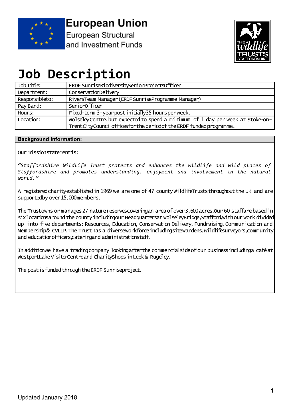 Person Specificationjob Title: ERDF Sunrise Senior Project Officer